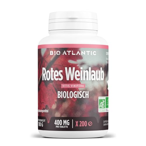 Bio Rotes Weinlaub 1200 mg pro Tag - Red Vine leaves - 200 Tabletten - Hochwertig, Natürlich, Kontrollierter Anbau