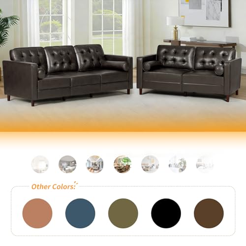 Image of 84 inch Premium Faux Leather 3-Seat Sofa w /2 Bolster Pillows and Tufted Backrest, Mid-Century Modern Sofa, Luxury Couch for Living Room, Bedroom, Office, Dark Brown