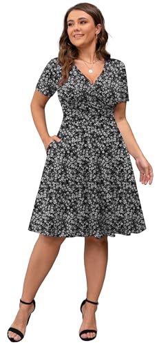 Image of POSESHE Womens Plus Size Dresses Summer Short Sleeve Wrap V-Neck Sundress Casual Wedding Guest Cocktail Dress with Pockets