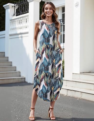 Image of Zeagoo Women Floral Summer Casual Beach Printed Tank Dress with Pockets Pleated Front Long Dress
