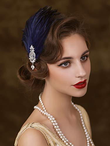 Sweetv 1920S Feather Headpiece Flapper Headband, Roaring 20S Hair Accessories Great Gatsby Hair Clip Navy Blue #TOP3