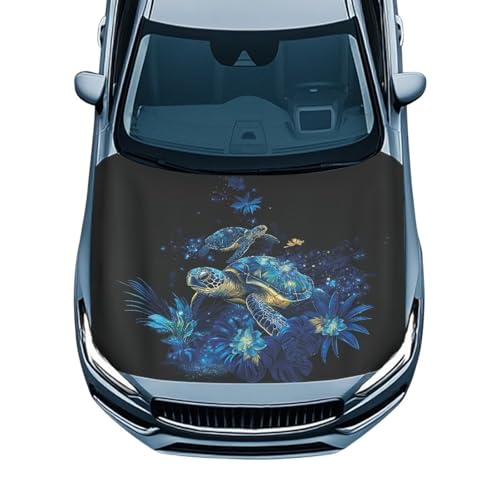 Image of Car Hood Cover Protector,Snowproof Waterproof Comfortable Print Polyester Hood Covers for Cars,Decoration Universal Car Accessories Blue Turtle