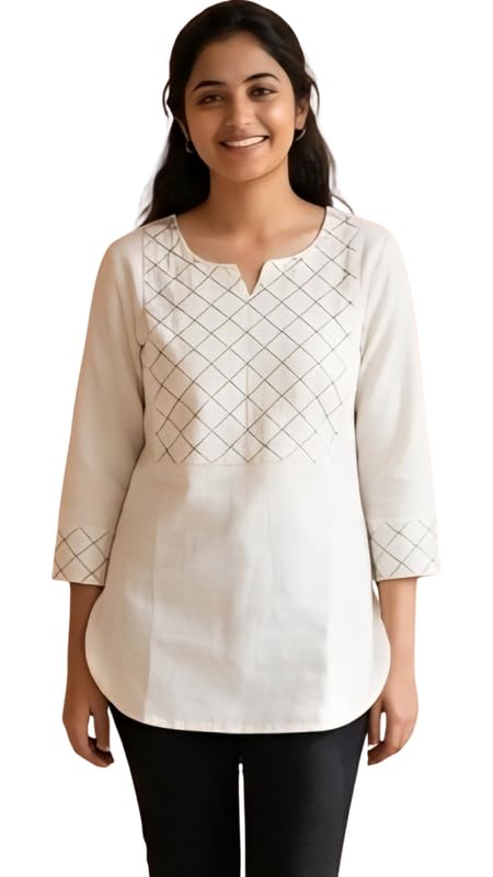 Cotton Geometric Printed Short Kurti for Women | 3/4 Sleeves Kurti | Ethnic Kurta for Girls | Casual Kurta for Girl | Top for Women | Casual and Ethenic Wear | White-image-28
