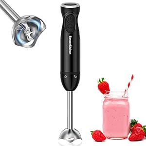 Bonsenkitchen HB3201 Staafmixer, elektrische staafmixer, 1000 W, pureerstaaf, roestvrij staal, traploze snelheden, roerstaaf voor babyvoeding, soep, smoothies, puree, saus hand blender, zwart
