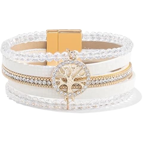 FANCY SHINY Tree of Life Leather Wrap Bracelet Beaded Crystal Bracelet Boho Jewelry Gifts for Women Stackable Charm Bangle Bracelet with Magnetic Clasp(White) Cover