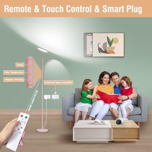 Image of marctronic Pink Floor Lamp, 42W 4000LM Super Bright LED Room Lamp with Adjustable Reading Light,Dimmable Modern Standing Lamp with Remote & Touch Control for Room Bedroom Office Floor Light