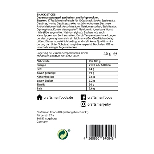 Craftsman Snack Sticks Original (5 x 45 g) | Wurst Snack | Mini-Salami | Fleischsnack to Go | geräucherte Mini Wurst | Herzhafte Salami-Sticks | Rohwurst | Dauerwurst (5 Packungen (5 x 45g)) – Bild 8