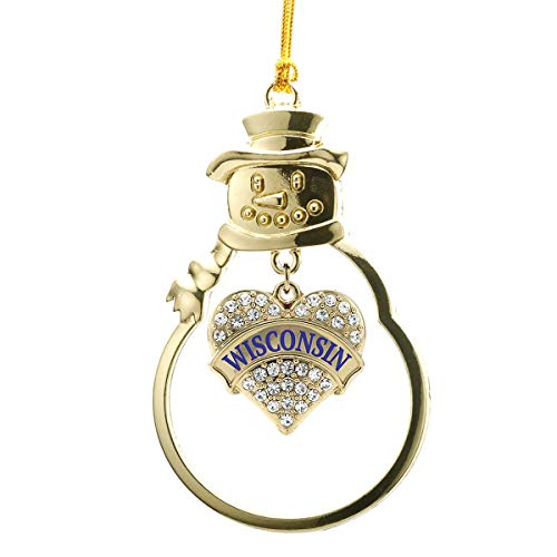 Inspired Silver - Wisconsin - Gold Christmas Ornament - Pave Heart Charm Christmas Tree Ornament with Cubic Zirconia - Snowman Hanging Decoration