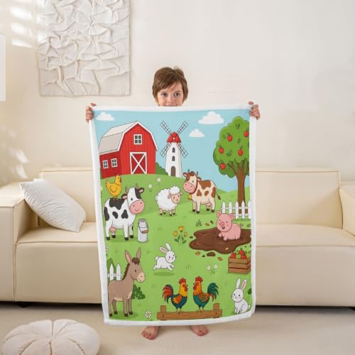Image of Feelyou Kids Farmhouse Fleece Blankets Children Boys Girls Cartoon Animal Print Throw Blanket Lovely Rabbits Sheep Horse Blanket Luxury Soft for Chair Office Plush Blankets 50 inchx60 inch
