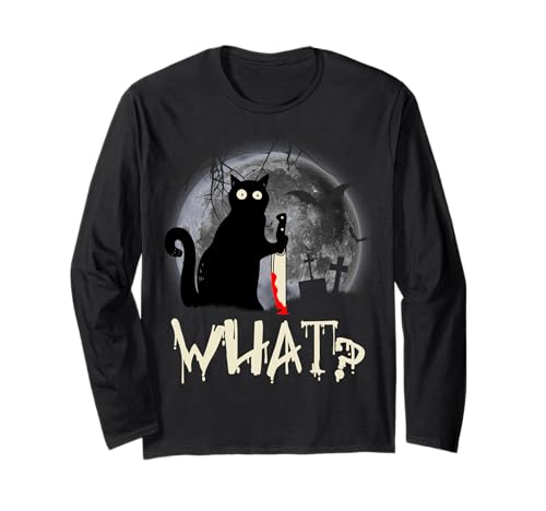 Funny Cat What? Murderous Black Cat With Knife Halloween Maglia a Manica