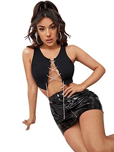 Shein Women's Lace Up Rhinestone Chain Crop Top Sexy Sleeveless Round Neck Ribbed Knit Tank Top Black Large #TOP3