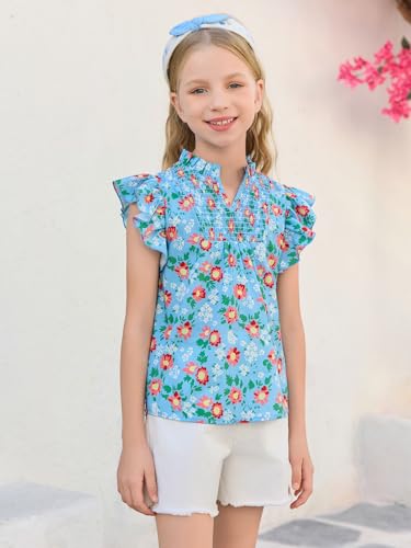 Haloumoning Girls Ruffle Short Sleeve Floral Chiffon Blouses Kids Summer Shirts Tops 5-14 Years2