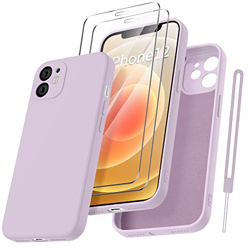 Qasyfanc Cover per iPhone 12, Protezione Fotocamera und 2 Pellicola Vetro Temperato, Fodera in Microfibra Antiurto Ultra Custodia Silicone Morbida Liquido Ultra Sottile 6.1' - Viola