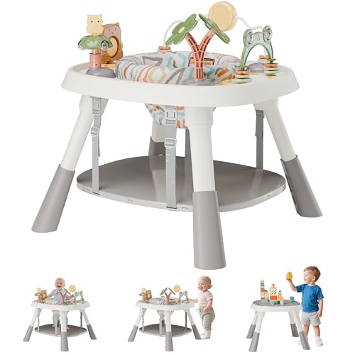 Image of Baby Activity Center, Baby Jumpers and Bouncers with 5 Toys, Lights & Music, Adjustable Heights, 3-Stage Activity Center & Play Table, 360° Rotary Interactive Play Center for Baby Ages 6m+ (White)