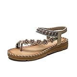 HNGHOU Women's Summer Sandals Casual Comfortable Bohemia Beach Flat Sandals Open Toe Ankle Crystal Gladiator Shoes, Apricot-3, 7