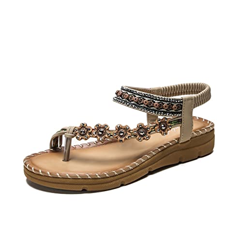 HNGHOU Womens Flat Sandals Summer Beach Boho Comfort Sandal Shoes (Apricot, 10)