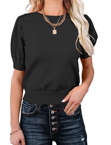 Image of Womens Puff Short Sleeve Sweater Tops Crewneck Basic Knit Pullover Lightweight Casual Sweaters