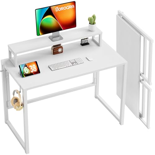 SOROGRA Kleiner Schreibtisch Klappbar 100 cm, Klapptisch Computertisch mit Monitorständer, Schmaler Klappschreibtisch für Home Office, Büro, Einfache Montage, Weiß