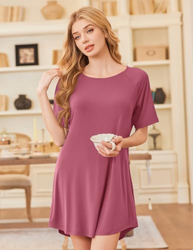 Image of Ekouaer Nightgowns for Women Bamboo Viscose Night Gown Short Sleeve Sleep Shirt Cooling Nightshirt Soft Sleepwear S-XXXL