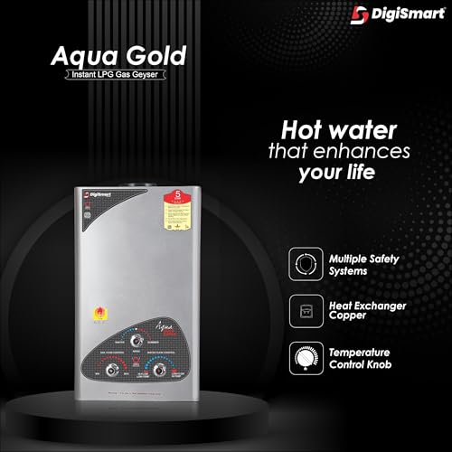 Image of DIGISMART Aqua Gold Instant LPG Gas Water Heater with Pure Copper Tank, Anti Rust Coating Geyser ISI Approved Saves Geyser Corrosion by Water (Silver Metallic) 1 Year Warranty