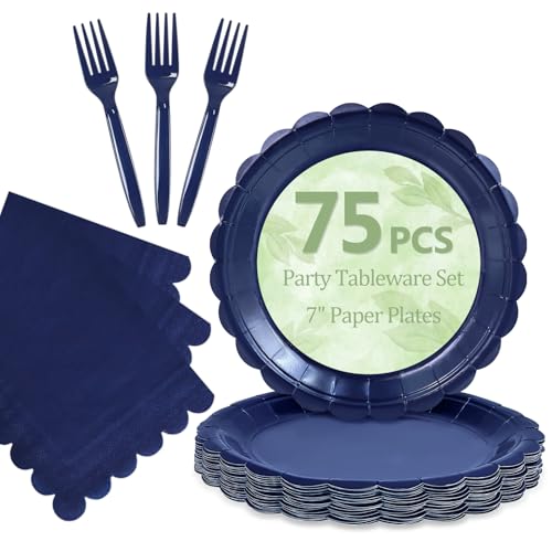 Mulbozy 75 Navy Blue Plates and Napkins Disposable Set Includes 25 Dessert Cake Scalloped Plates Cocktail Napkins & Forks for Fork 25 Guests Holiday Party Supplies.