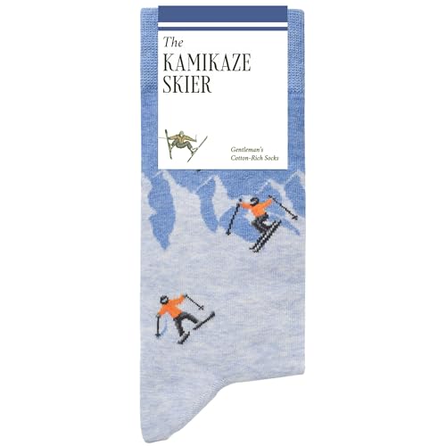 The Kamikaze Skier Socks – Funny Ski Socks - Funny Skiing Gifts for Men – 1 x Pair, Size 7-12, Blue & Grey - Fun Skiing Gifts for Ski Lovers & Aprés-Ski Fans