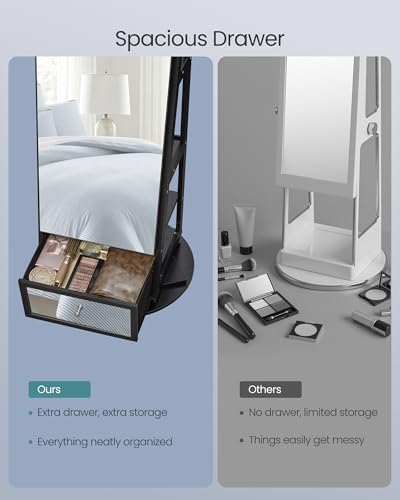 Image of SONGMICS 360 Swivel Jewelry Cabinet, Full-Length Arched Mirror with LED Lights, Magnifying Mirror, Storage Shelves, Drawer, Ink Black UJJC030BC01