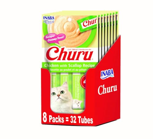 Image of INABA Churu Lickable Puree Natural Cat Treats - Chicken with Scallop Recipe (4 Servings per Package, 8 Packages) (32 Tubes)