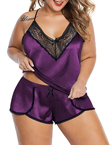 Image of Women Plus Size Pajamas Cami Shorts Set Nightwear Sexy Lace Lingerie Sleepwear