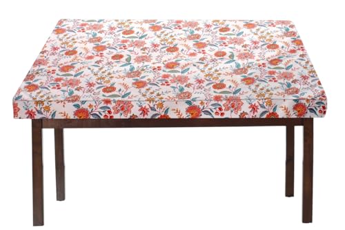 Image of The Furnishing Tree Elastic Cotton Square Dining Table Cover 44x44 in Inches Floral Multicolor on offwhite Base