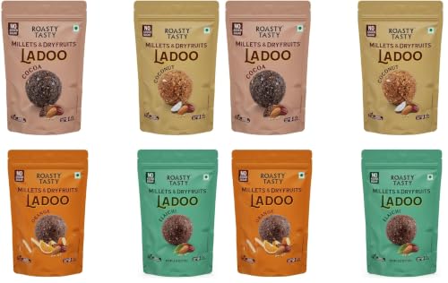 Image of Roasty Tasty Sugar Free Assorted Pack of Millet & Dryfruit Ladoo - 4 Flavours - 120g each - Orange, Cocoa, Coconut, Elaichi - 480g (Pack of 2)