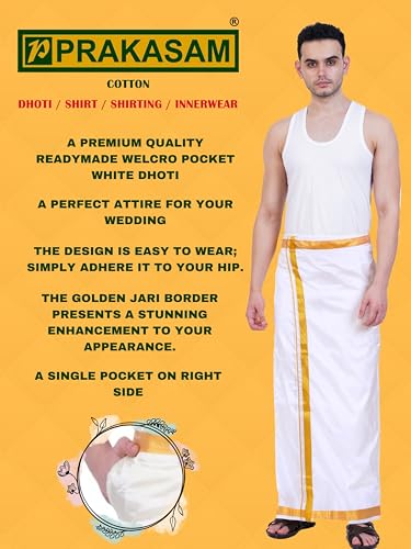 Image of PRAKASAM COTTON Double Layer 8 Mulam Velcro Pocket Dhoti for men | Mundu with Golden Jari Border, Readymade Dhoti for men, Silk Look, South Indian Veshti