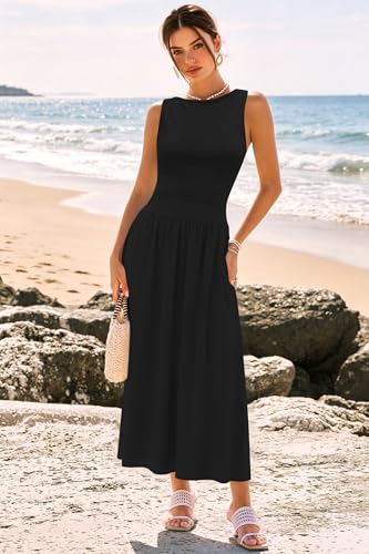 Image of Womens Summer Casual Midi Maxi Dress 2026 Sleeveless Ruched A Line Flowy Cocktail Wedding Guest Beach Long Sundress