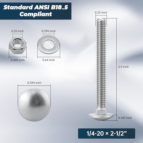 Image of 1 /4-20 x 2-1 /2 Inch Carriage Bolt Kit, 304 Stainless Steel (18-8) with Hex Nuts & Flat Washers - 10 Sets, Round Head Square Neck, Full Thread Coverage by Glvaner