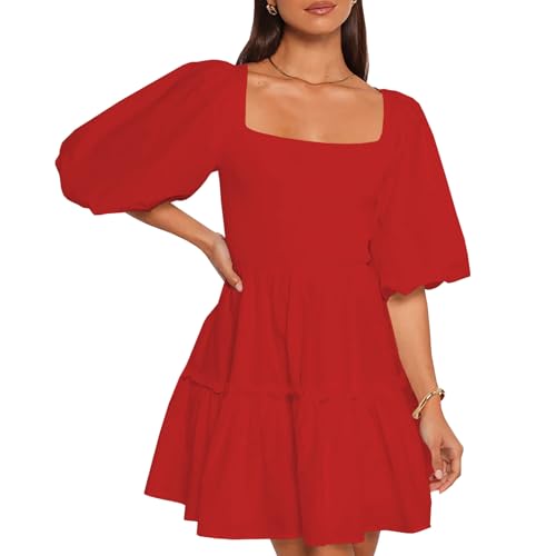 Women Puff Half Sleeve Square Neck Mini Dresses Elastic Waist Elegant Summer Casual Ruffles Dress3