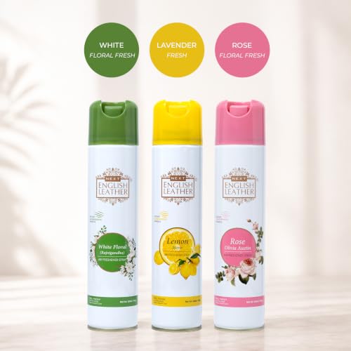 Image of Next Care English Leather Air Freshener Spray 220ml Each | Long Lasting Room Freshener for Home, Office & Car | Odour Eliminator (White Floral, Rose & Lemon)