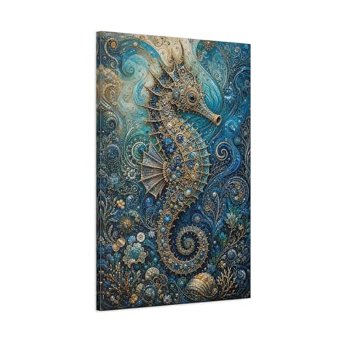 Grand tableau hippocampe bleu et or pour habiller le vide au-dessus de cheminée