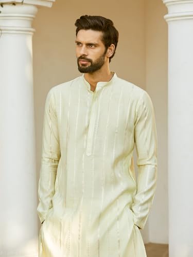 Image of See Designs Men Full Sleeve Chanderi Silk Sequins Mandarin Collar Side Slit Kurta With Pyjama