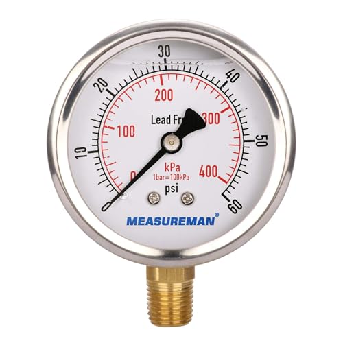 MEASUREMAN Lead-Free Pressure Gauge, 2-1/2inch Dial, Glycerin Filled, 0-60psi/kpa, Stainless Steel Case, 1/4inchNPT Lower Mount