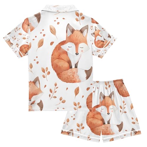senya Cute Watercolor Fox A Satin Summer Pajama Sets Silk Short Sleeve Button Down Sleepwear2