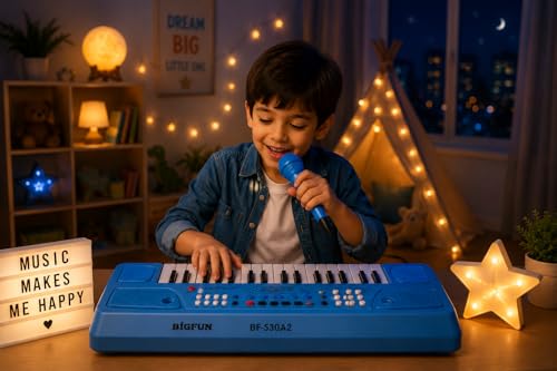 Image of Braintastic Kids Piano Keyboard with Microphone, 37 Keys, 8 Rhythms, 8 Tones with 6 in-Built Demos & Song Recording Feature for Boys & Girls (Blue)