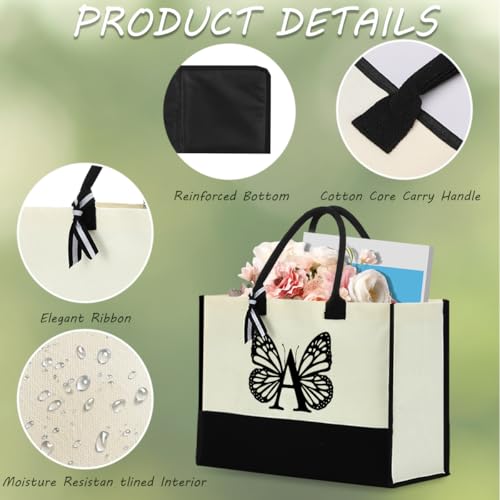 Letter A Butterfly Gifts Initial Canvas Tote Bag Personalized Beach Bag Reusable Grocery Bags Monogrammed Gifts for Women Bridesmaids Teacher Friends Shopping Wedding Christmas Graduation Birthday - Thumbnail 3