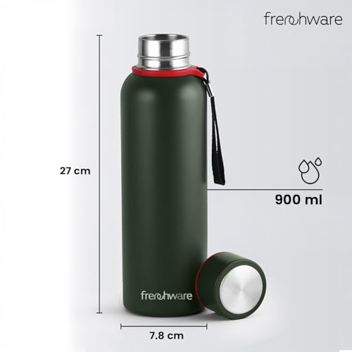 Image of Frenchware Stainless Steel Vacuum Insulated Delta Water Bottle, 900 ml | Thermos Flask, 24Hrs Hot & Cold, Leakproof, Aluminum Coating, Army Green