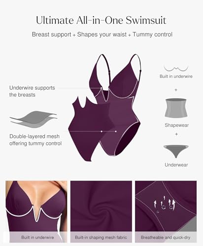 Image of Popilush Tummy Control Swimsuits for Women Shapewear One Piece Deep V Neck Underwire Swimsuit Summer Beach Pool Vacation
