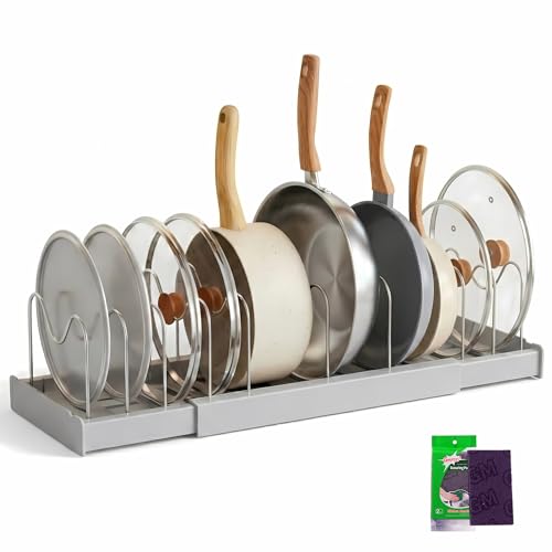 Consejos para Comprar Estantes y soportes para ollas y sartenes disponible en línea. 41 Organizador de Sartenes y Ollas, 12 Compartimentos Ajustables, Tapas de Ollas y Sartenes, Organizador de Cocina para Cajón, Incluye Paño de Limpieza Gratis (1, Negro)