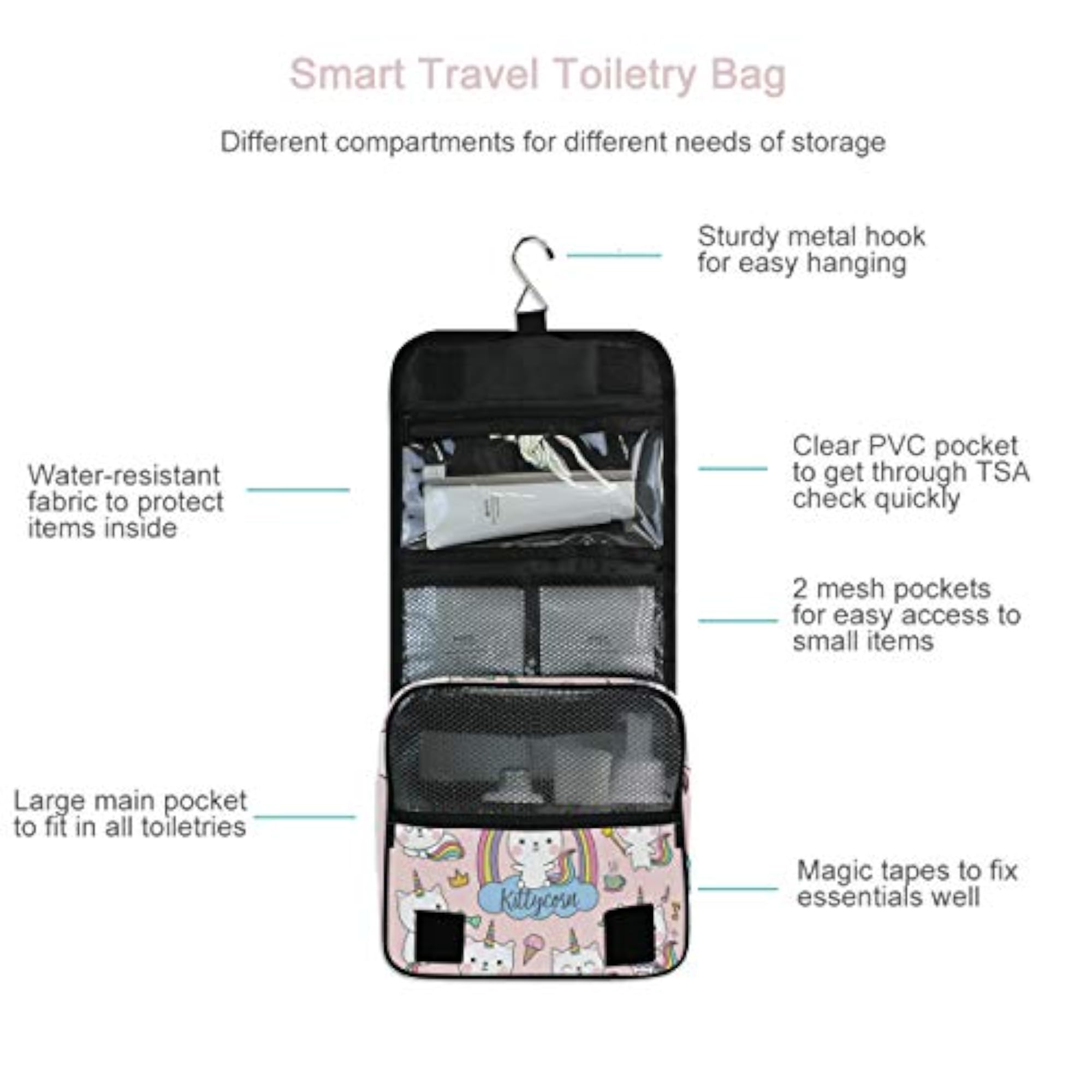 Hanging Travel Toiletry Bag Kit, Unicorn Cat Design