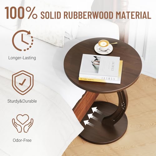 Image of Uniclinens C-Shaped Solid Wood Round End Table - Side Table for Couch, Sofa Tables Slide Under Couch for Living Room, Small Nightstand for Small Space, Dark Walnut