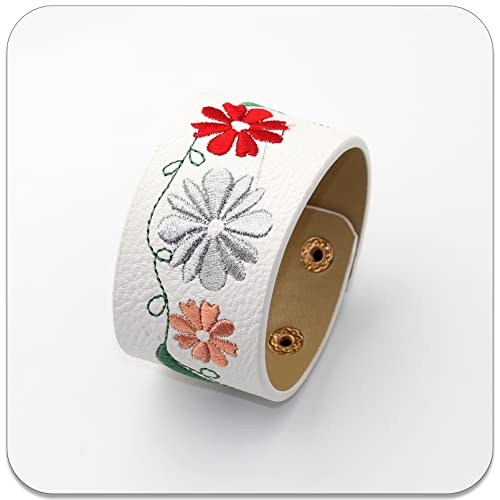 Peas Punk Jewelry Embroidered Flower Pattern Leather Cuff Bracelet(White) #TOP4