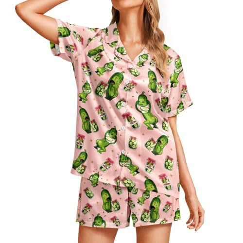 Image of Silk Satin Pajama Set for Women Summer Lounge Pjs Sets 2 Piece Suit Ladies Button Down Tops And Shorts Sleepwear