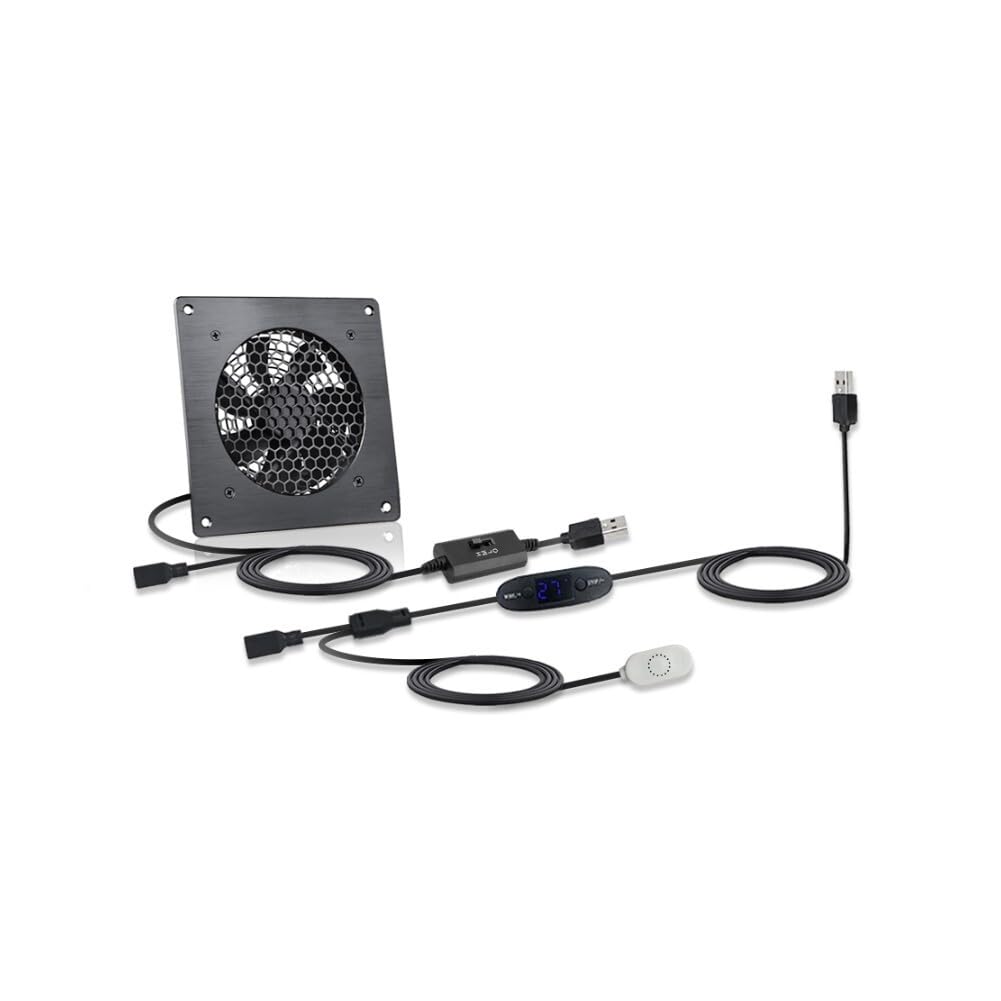 Ventola USB con termostato 0-60 °C, 3 velocità, silenziosa 19,3 dB, doppio cuscinetto a sfera, alloggiamento in alluminio, ventola di raffreddamento per armadi AV, serra, gabbia per animali